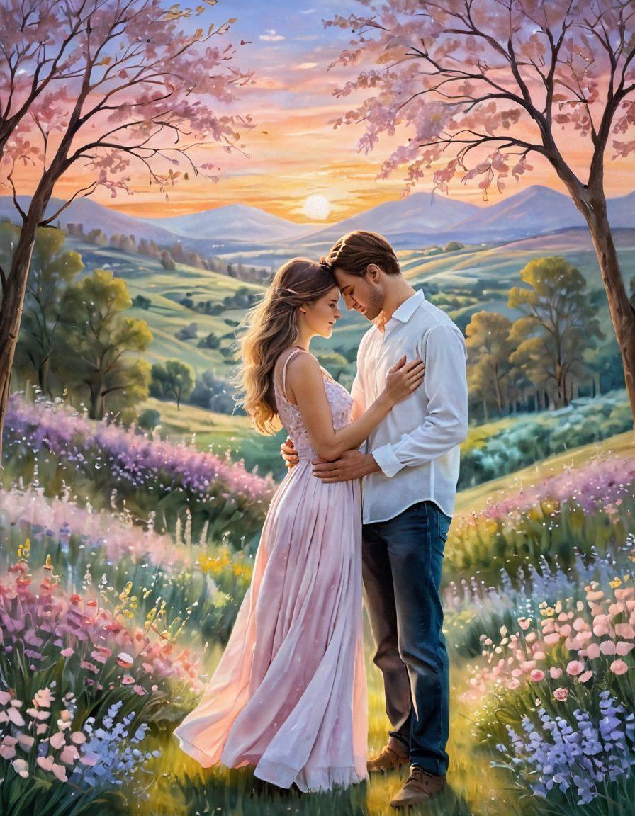 A serene scene depicting a couple sharing a tender moment, their hands gently intertwined, surrounded by soft, warm colors to evoke intimacy. The background features a dreamy landscape of blooming flowers and twinkling lights, symbolizing love and devotion. Include subtle heart shapes woven into the scenery for an added romantic touch. Impressionistic style. soft pastels. dreamy atmosphere.