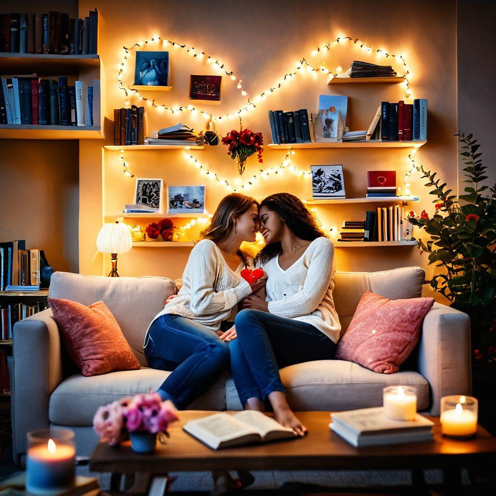 A warm and inviting scene depicting a couple sitting closely together on a cozy couch, sharing a heartfelt moment, surrounded by soft lighting and romantic decorations. Include symbols of love like hearts and intertwined hands, with a backdrop of books on relationships and blooming flowers. The atmosphere should evoke feelings of devotion, connection, and warmth. soft focus. vibrant colors. cozy interior.