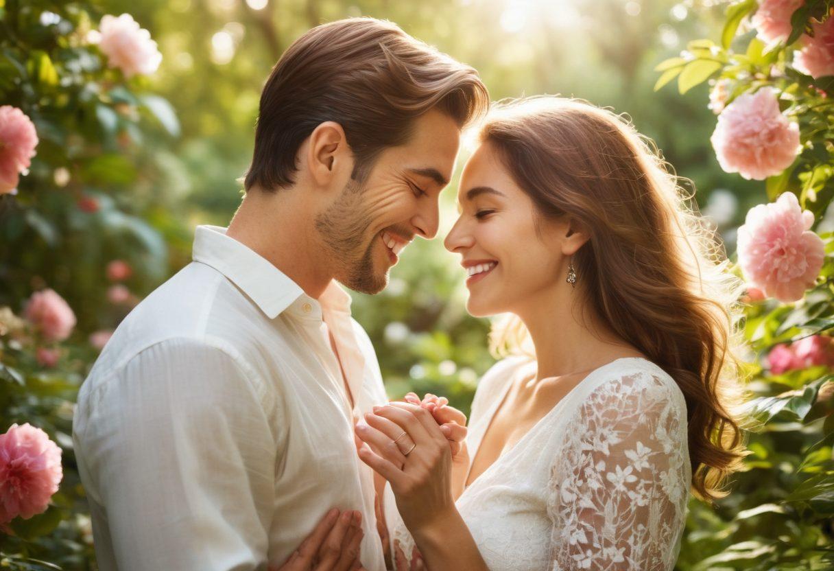 A serene, picturesque scene of a couple sharing a tender moment in a lush garden, surrounded by blooming flowers and soft sunlight filtering through the trees. Capture their laughter and warmth in a close-up shot that radiates love and connection. Include subtle symbols of togetherness, like intertwined hands or a heart shape in the background. soft focus. vibrant colors. romantic atmosphere. natural light.